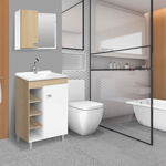 Imagen de Mueble de baño de pie Sophia Roble 60cm bacha de resina natural y espejo con botiquín