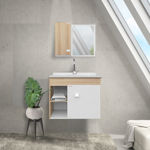 Imagen de Mueble de baño suspendido  Sophia Roble 60cm bacha de resina natural y espejo con botiquín