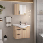 Imagen de Mueble de baño suspendido Crystal  Roble 56 cm Bacha de resina natural y espejo con botiquín