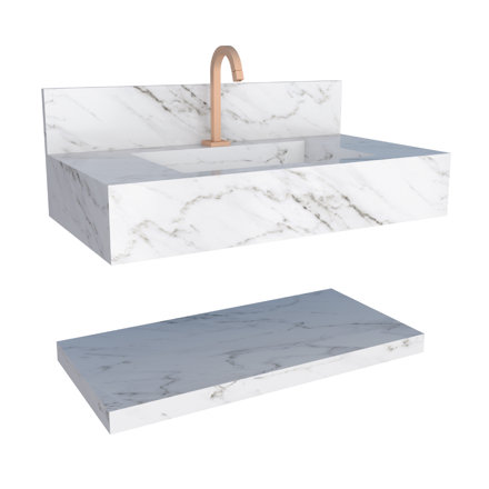 Imagen de Mueble de baño suspendido de porcelanato blanco 84 cm con bacha incorporada y estante flotante