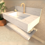 Imagen de Mueble de baño suspendido de porcelanato blanco 84 cm con bacha incorporada y estante flotante
