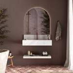 Imagen de Mueble de baño suspendido de porcelanato blanco 84 cm con bacha incorporada y estante flotante