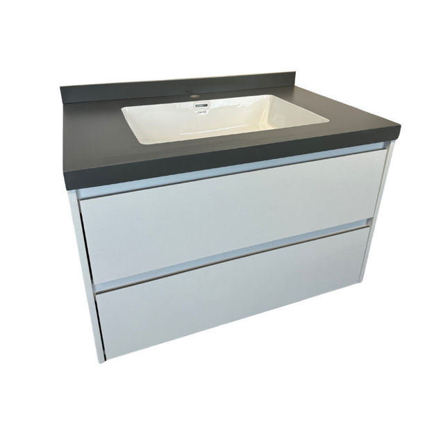 Imagen de Mueble de baño suspendido Vip Blanco 80cm mesada porcelanato gris con Bacha de Loza