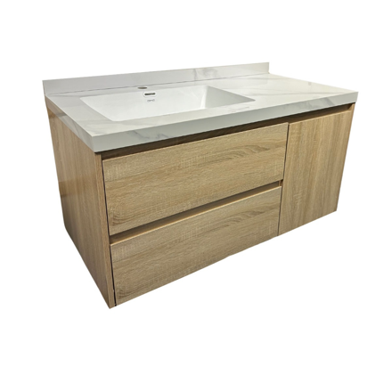 Imagen de Mueble de baño suspendido Vip Oak 100cm mesada porcelanato calacata con Bacha de Loza
