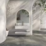 Imagen de Mueble de baño suspendido de porcelanato blanco 84 cm con bacha incorporada y estante flotante