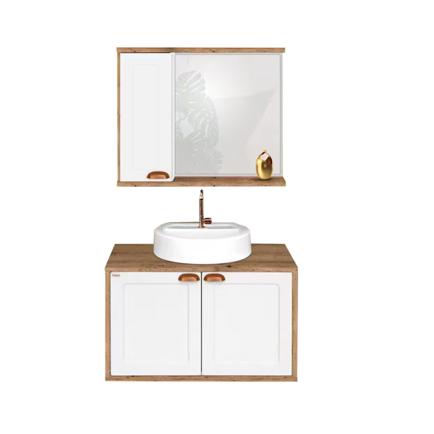 Imagen de Mueble de baño suspendido Creta Rustico Blanco 78 cm con bacha y espejo Botiquín