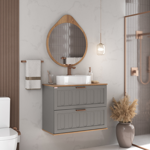 Imagen de Mueble de baño suspendido Milena 78 cm Avellana/Catedral con bacha y espejo