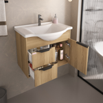 Imagen de Mueble de baño suspendido Crystal  Roble 56 cm Bacha de resina natural y espejo con botiquín