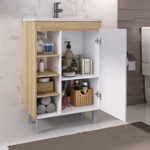 Imagen de Mueble de baño de pie Sophia Roble 60cm bacha de resina natural y espejo con botiquín
