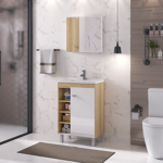 Imagen de Mueble de baño de pie Sophia Roble 60cm bacha de resina natural y espejo con botiquín