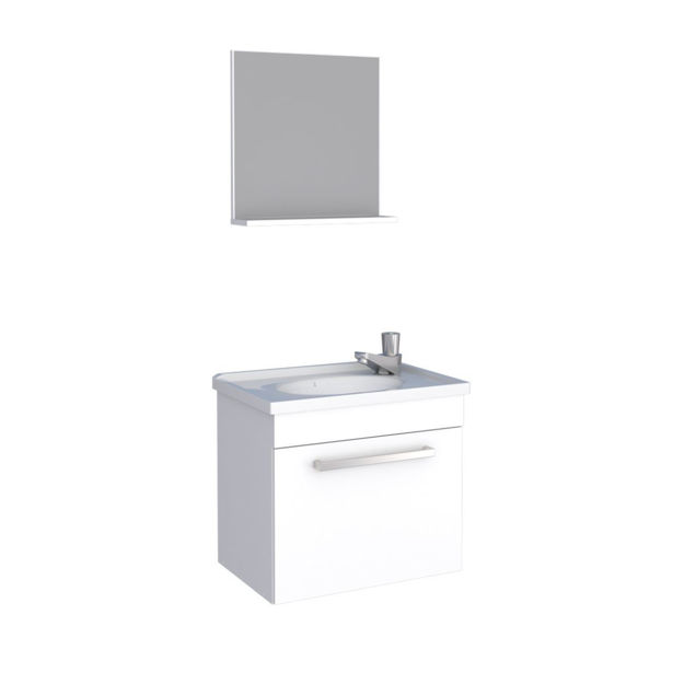 Imagen de Mueble de baño suspendido Agata Blanco 50 cm bacha de resina natural y espejo
